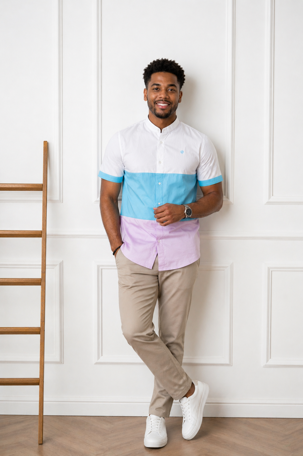Colorblock Signature Shirt – White, Sky Blue & Lavender – Reminiscence by PJ